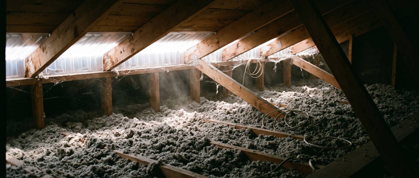 An unfinished attic showing exposed rafters, blown-in insulation and a ventilation baffle at the eave