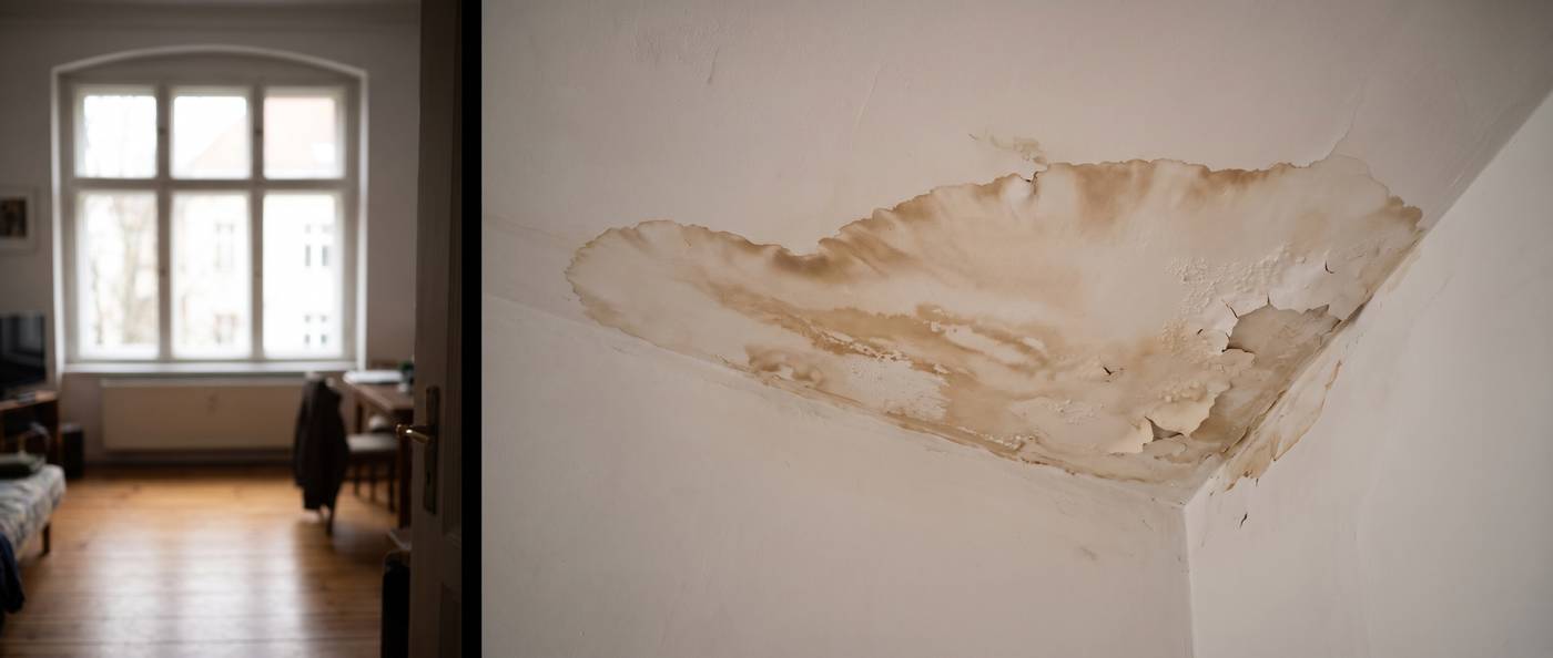 A brown water stain spreading across a white interior ceiling near an exterior wall