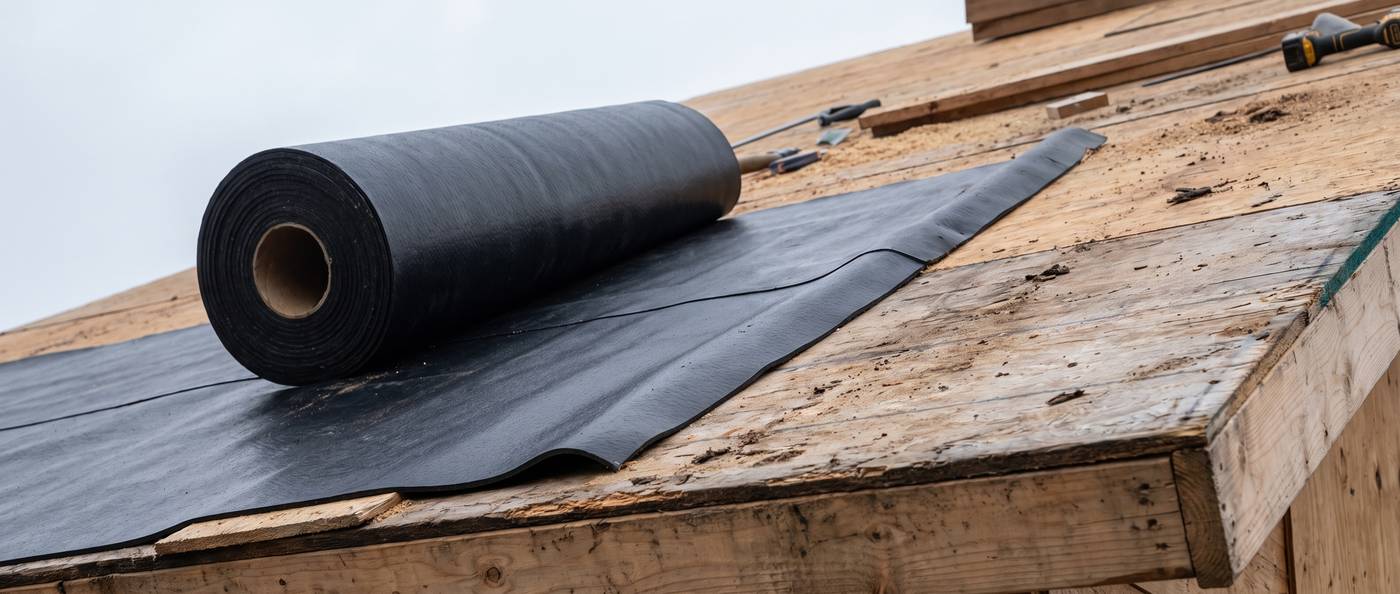 A roll of black self-adhering ice-and-water barrier membrane unrolled across plywood roof sheathing
