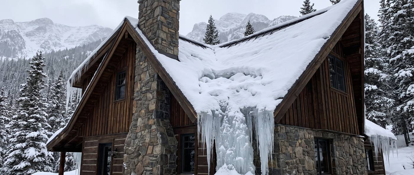 Thick ice filling the valley where two snowy roof planes meet a vertical wall junction