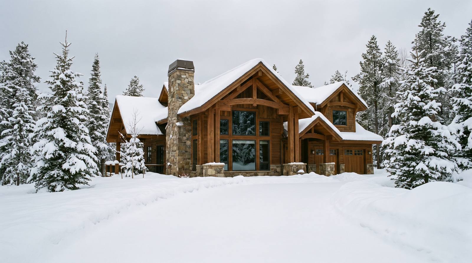 A large timber-and-stone mountain home under deep untouched snow with no tracks in the driveway
