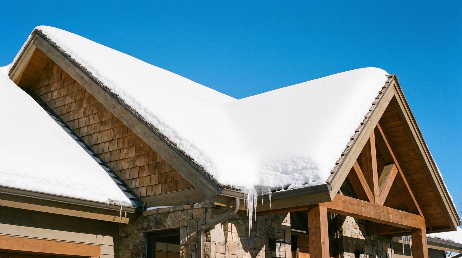 Deep settled snowpack on a residential roof with icicles at the eave